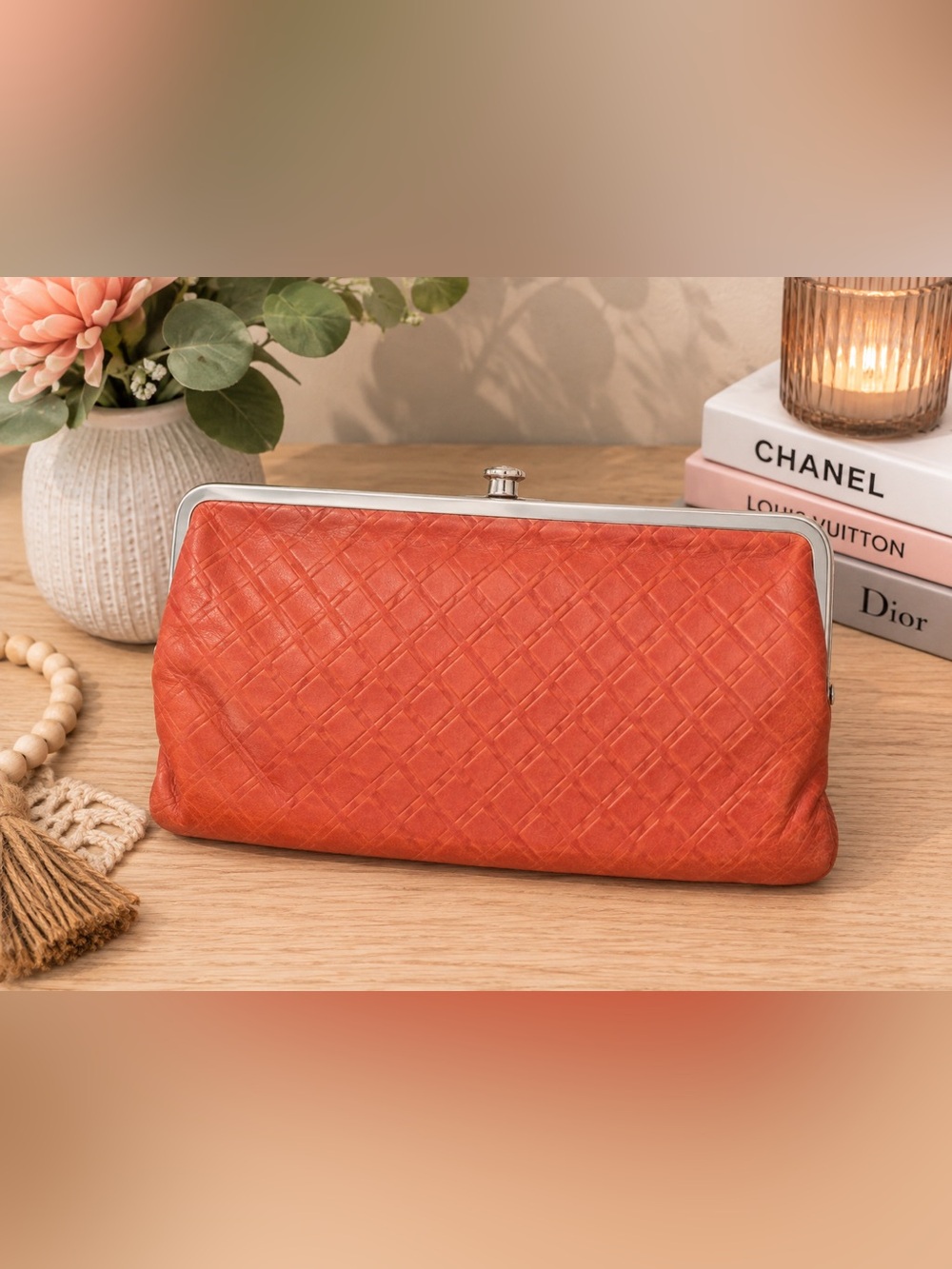 Hobo Orange Coral Leather Frame Clutch Wallet